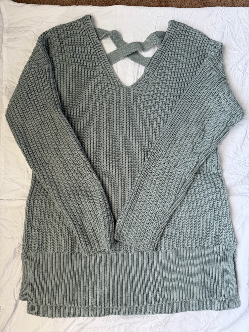 Pink Rose Sage Green V-Neck Crisscross Back Oversized Sweater